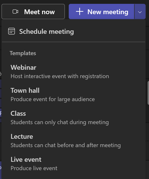 Options when selecting the "New Meeting" Drop down menu in Microsoft Teams
