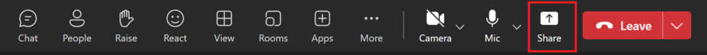 The Teams meeting navigation bar with the share button highlighted