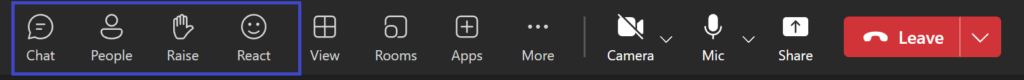 Interface of a Teams meeting with Chat, People, Raise and React boxed