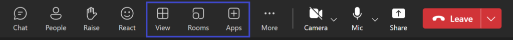 Teams meeting navigation bar with View, Rooms and Apps highlighted 