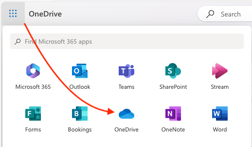Microsoft 365 online app switcher pointing to OneDrive