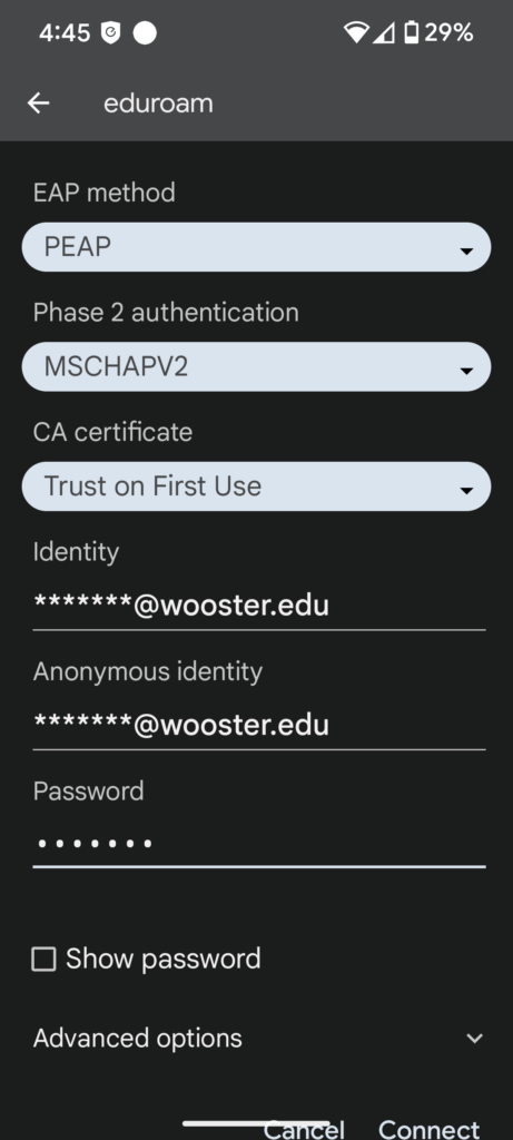 Prompt asking you for Identity and Password after clicking on Eduroam