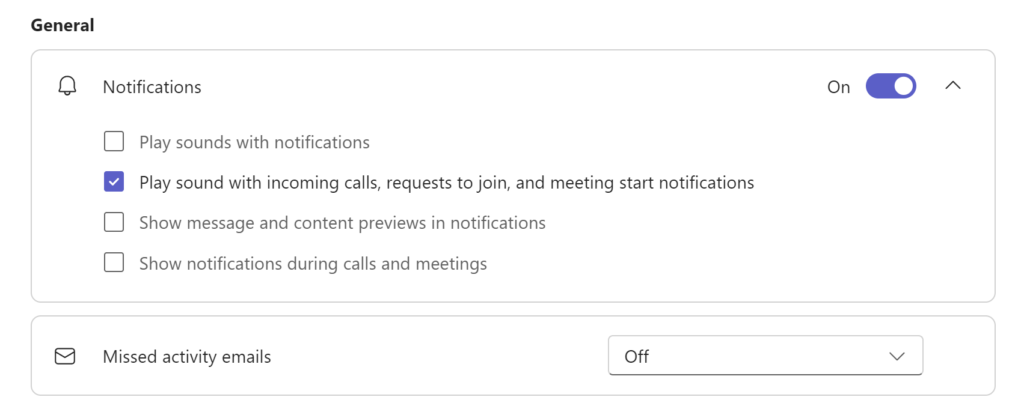 General notification settings in teams