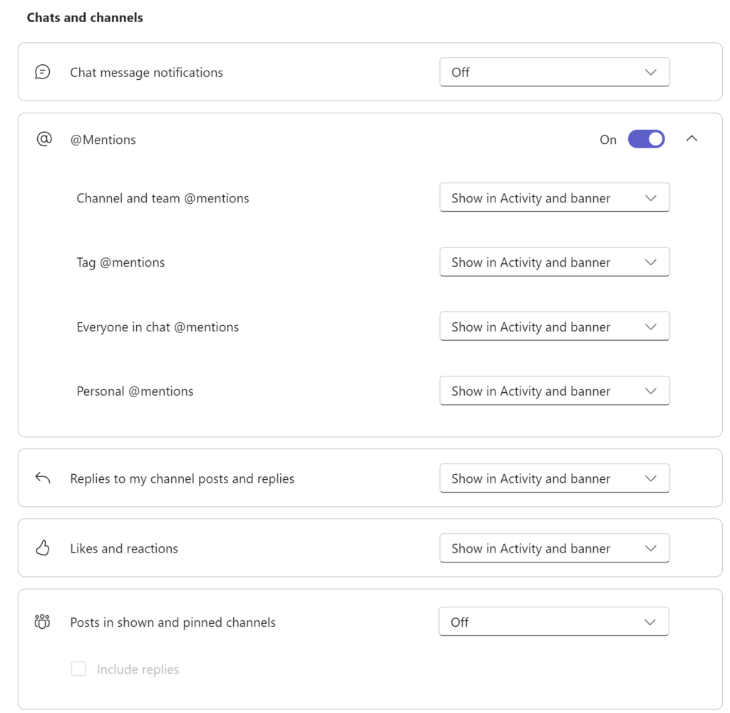 chats and channels notification settings in teams