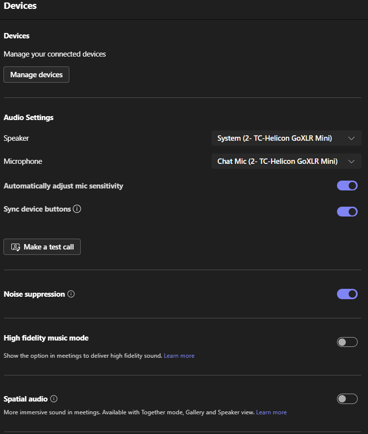 Device Settings in Microsoft Teams to make a Test call - Audio Settings