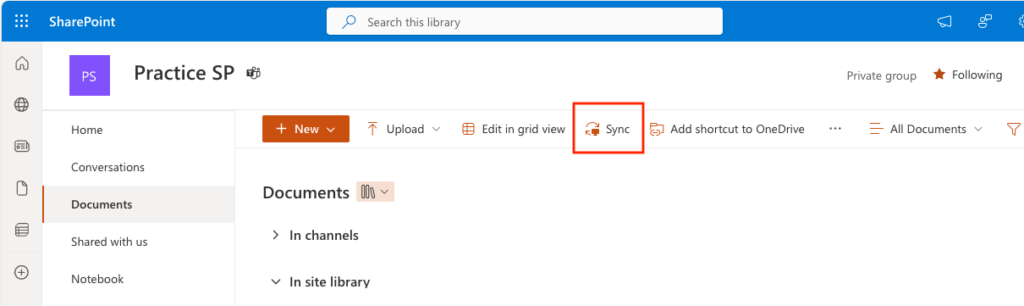 SharePoint online with the Sync icon highlighted