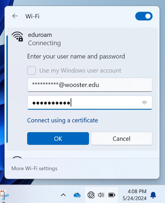 Prompt asking you to input your account and password 