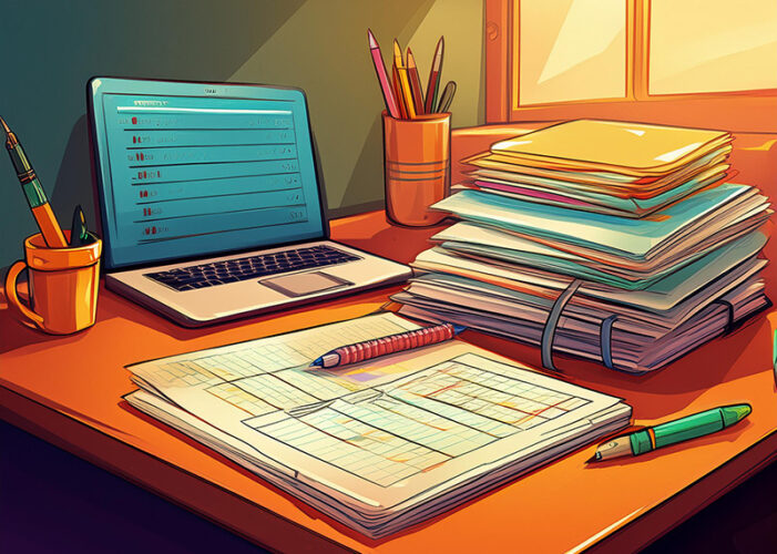 cartoon image of a desk with a computer, a notebook, and a stack of papers