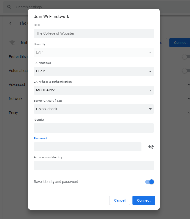 Settings for Wi-Fi connection