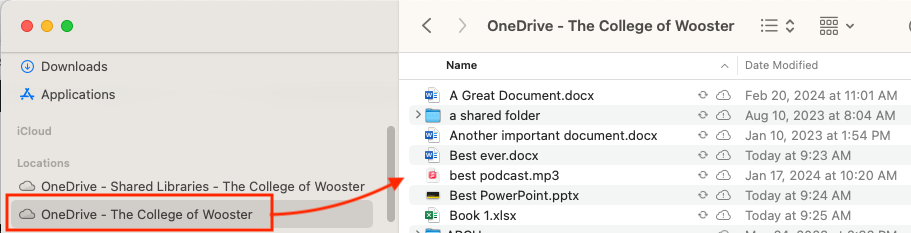 a Mac Finder window with an arrow pointing to OneDrive synced files