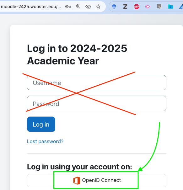 Moodle login screen for 2024-25 with arrow pointing to OpenID Connect