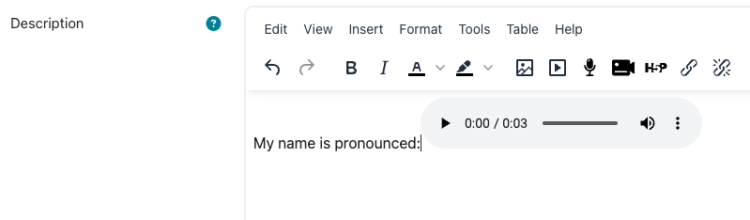 Moodle profile with recorded audio file in Description area