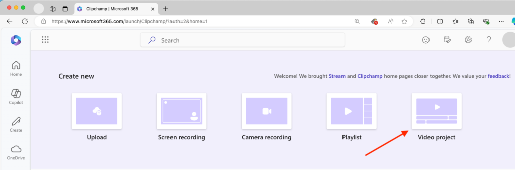 Stream landing page in Microsoft 365 with arrow pointing to Video project