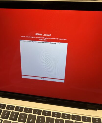 A MacBook laptop with a red screen and the words "SEB is Locked!"