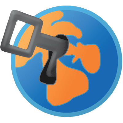 logo a key inserted into a blue and orange globe