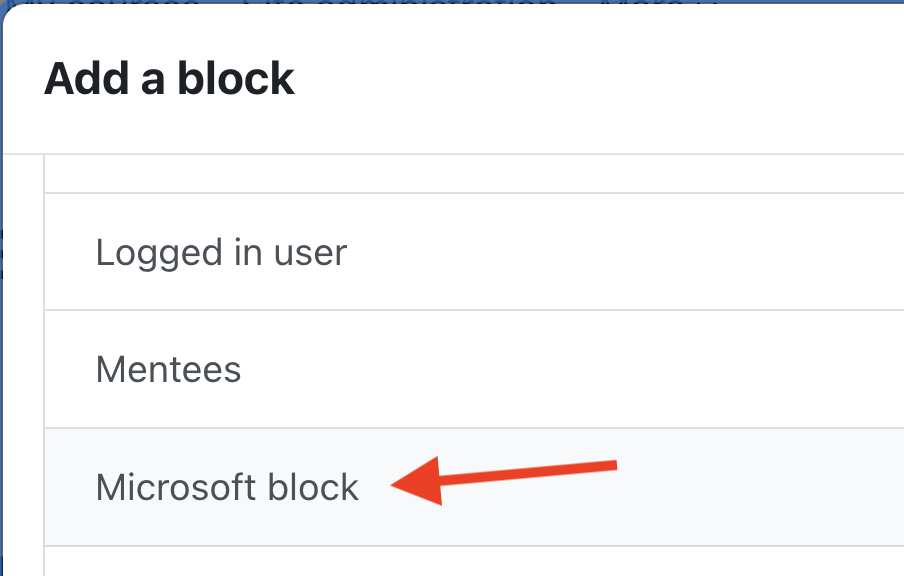 Add a block to a Moodle course with arrow pointing to Microsoft block