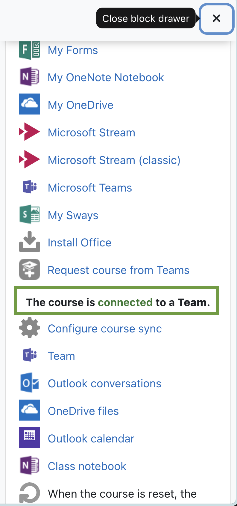 Moodle course Microsoft block with the connected Team status highlighted