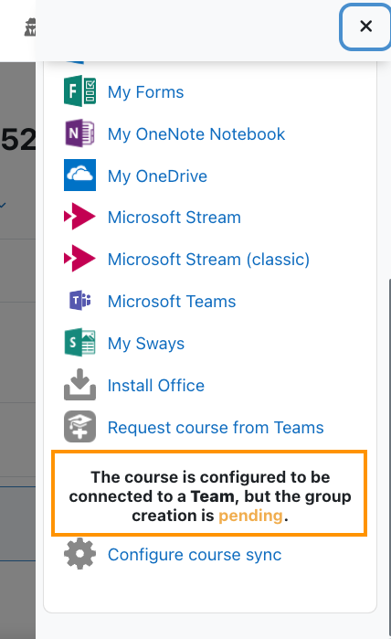 Moodle course Microsoft block with the pending Team status highlighted