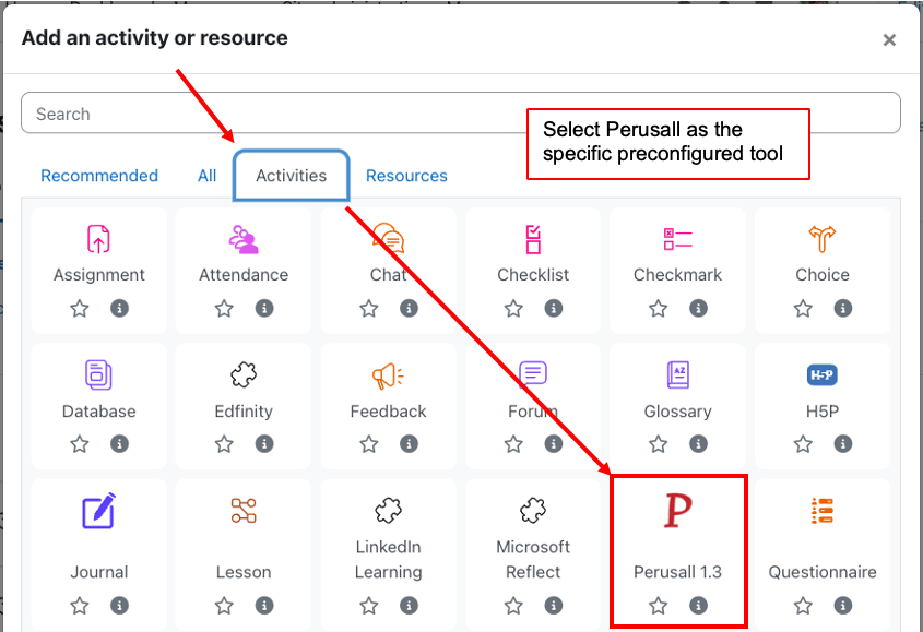 screenshot of adding an external tool link to Perusall from a Moodle course