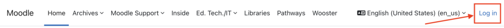 Moodle Homepage with arrow pointing to Log in