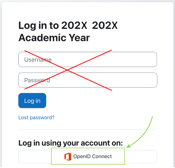 Moodle log in screen with arrow pointing to OpenID Connect button