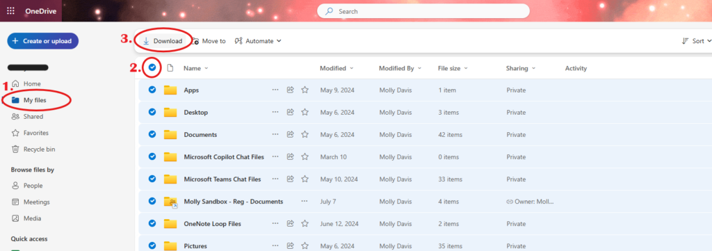 Image of OneDrive with folders selected and download button circled.