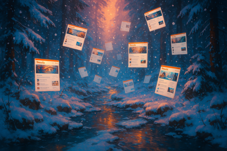 Winter scene with some snowflakes replaced by Moodle webpages