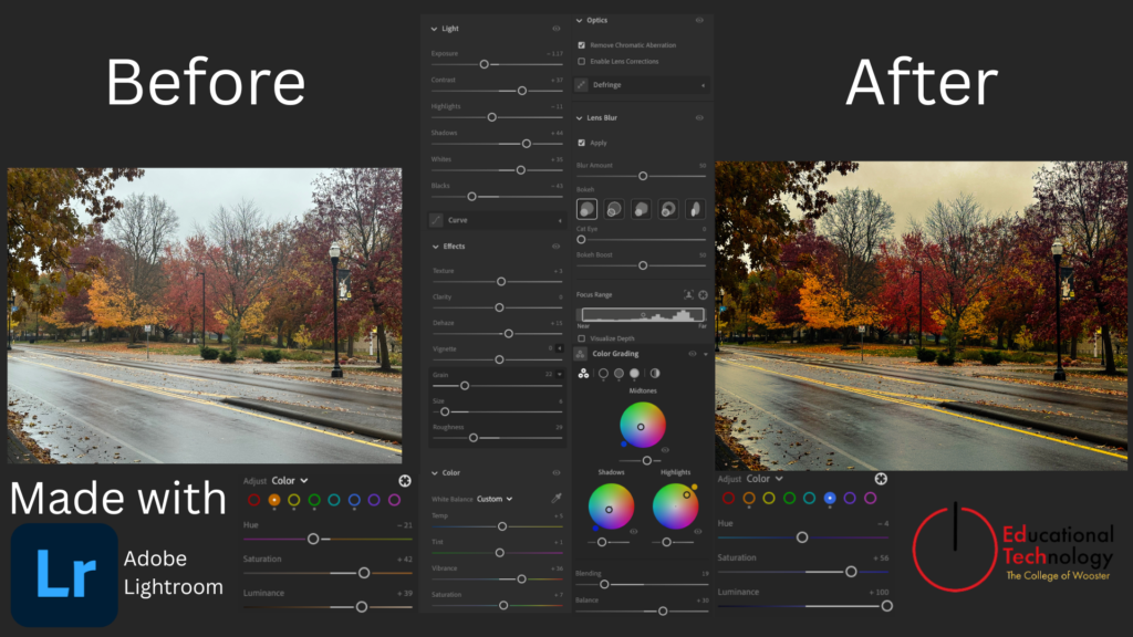 Adobe Lightroom autumn landscape before and after with edited settings.