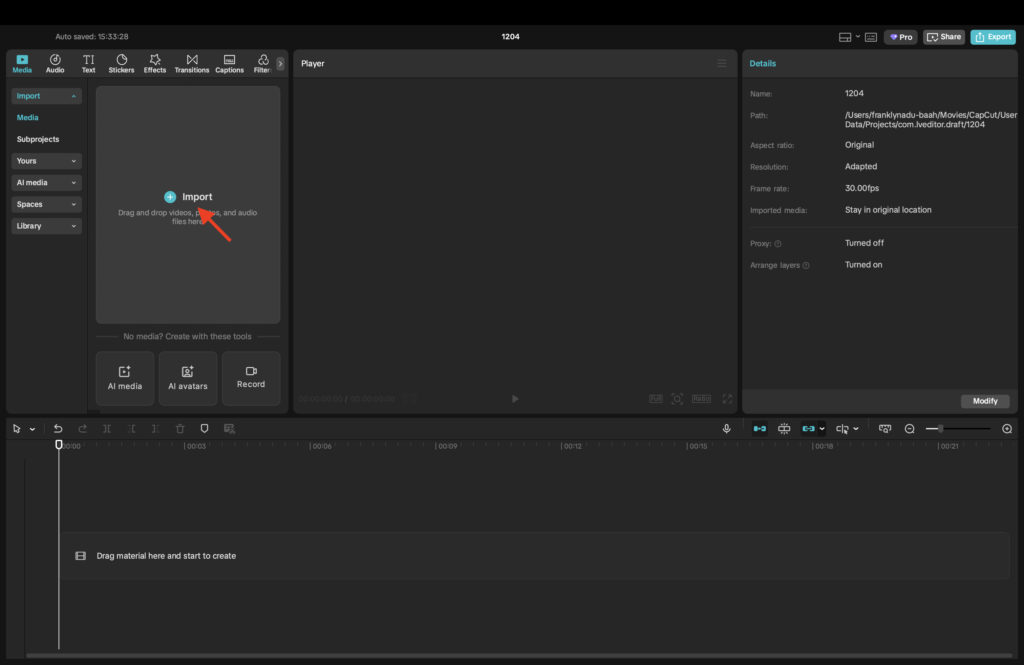 Capcut Project interface with red marker pointing to the the import but to the left of the screen