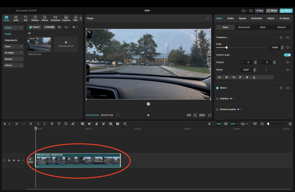 Capcut Project interface with clip in timeline