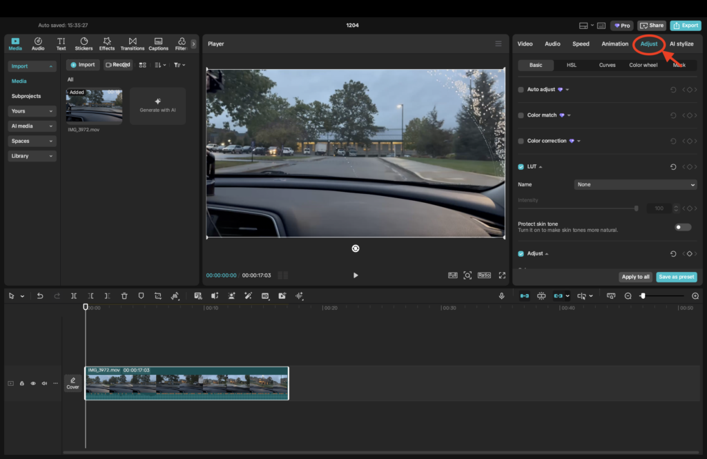 Capcut Project interface with Red marker pointing to the top right at the Adjust Tab