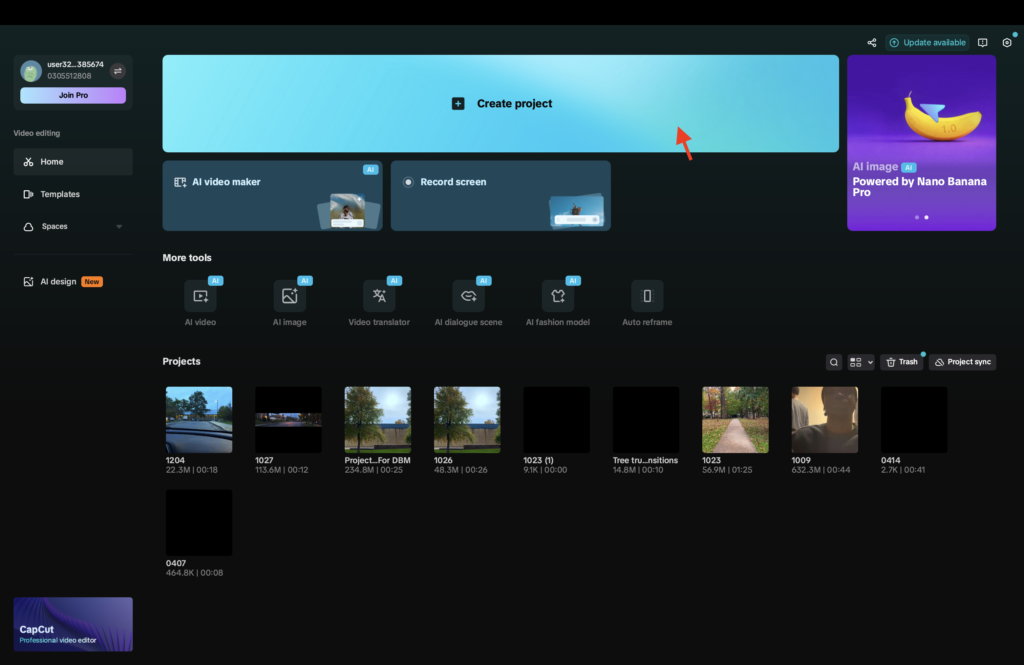 CapCut interface with Create project