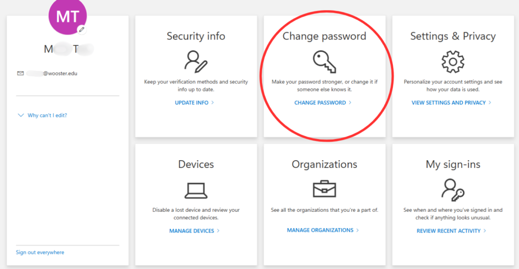 Microsoft account settings selection page