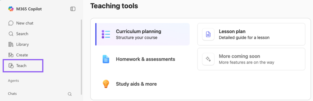 Microsoft Copilot Teach module with Curriculum planning highlighted