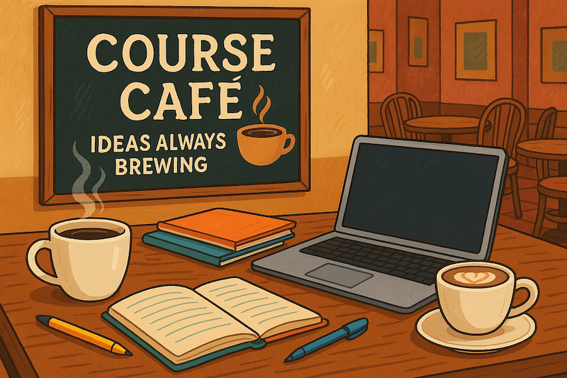 cartoon of cafe table with laptop, notebook, latte, and chalkboard that reads "course café Ideas always brewing