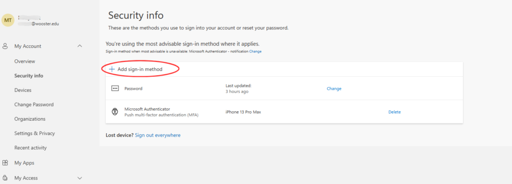 Security Info page with a list of sign in methods listed.
