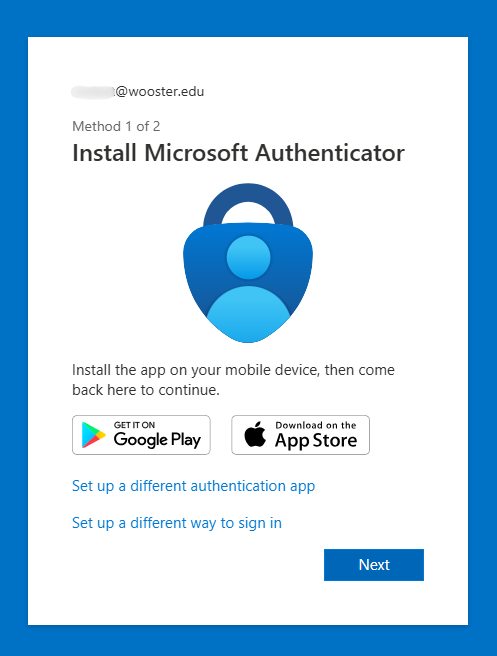 Microsoft prompt to Install the Microsoft Authenticator app on your phone.