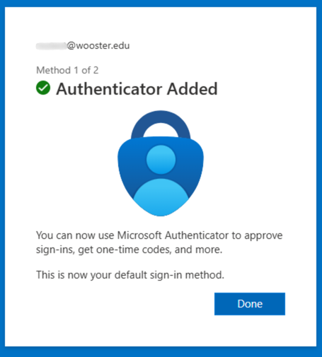 Microsoft Authenticator Added Success window