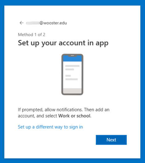 Microsoft prompt to setup account in authenticator app.