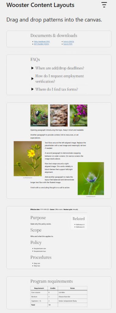 Screenshot of Wooster content layout patterns