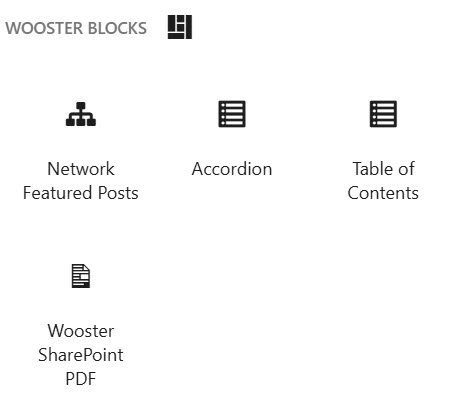 Screenshot of Wooster Blocks in the WordPress Block screen