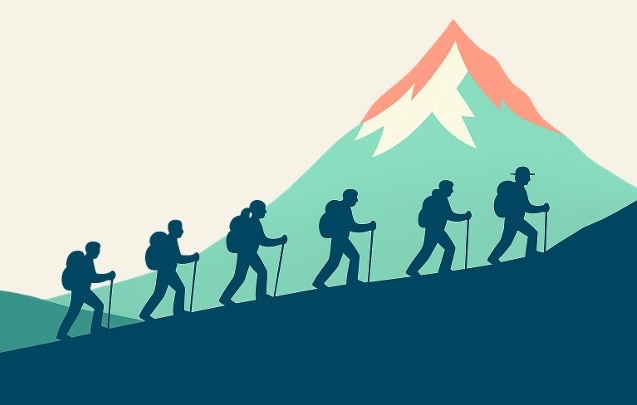 drawing of hikers in silhouette with a green mountain in the background
