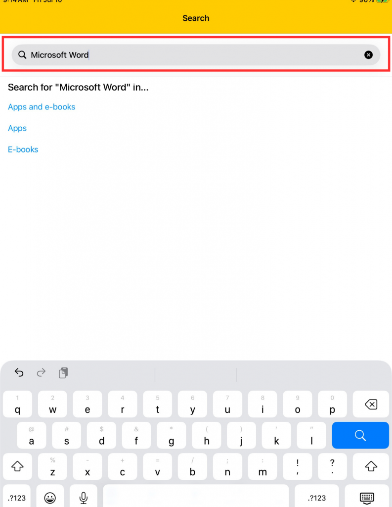 Company portal search bar with app name typed and circled in red.