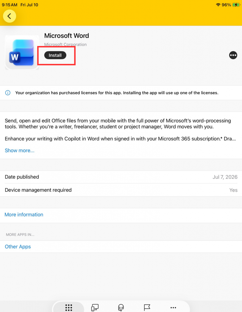 App page with the word "Install" circled in red.