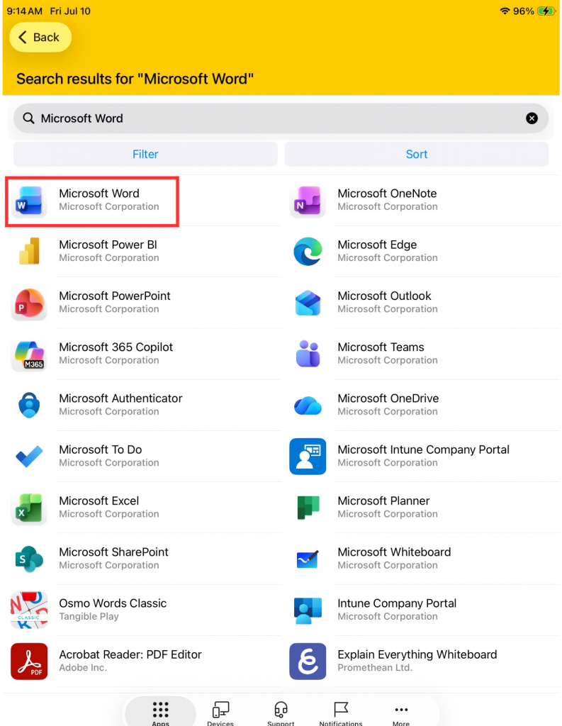 list of apps related to the search text with one app circled in red.