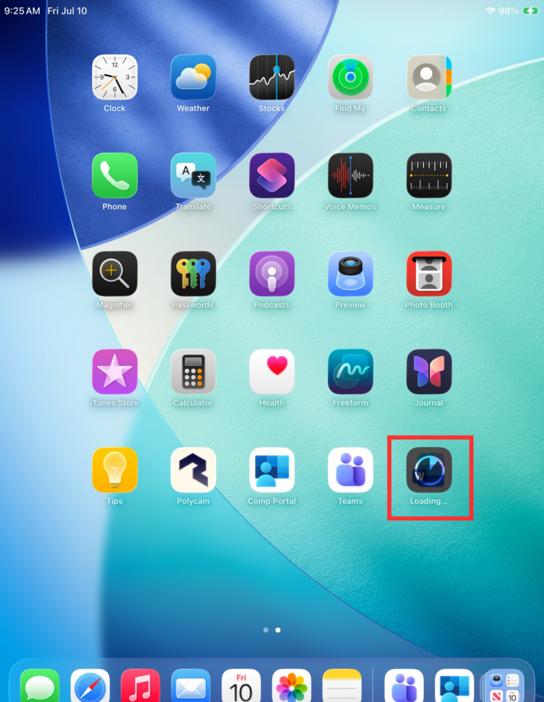 iPad Home screen with picture of application installing and circled in red.