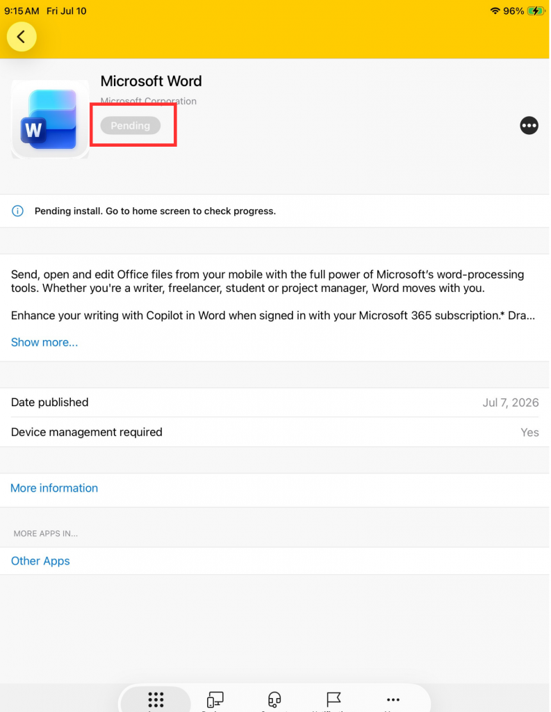 App page with "Pending" circled in red.