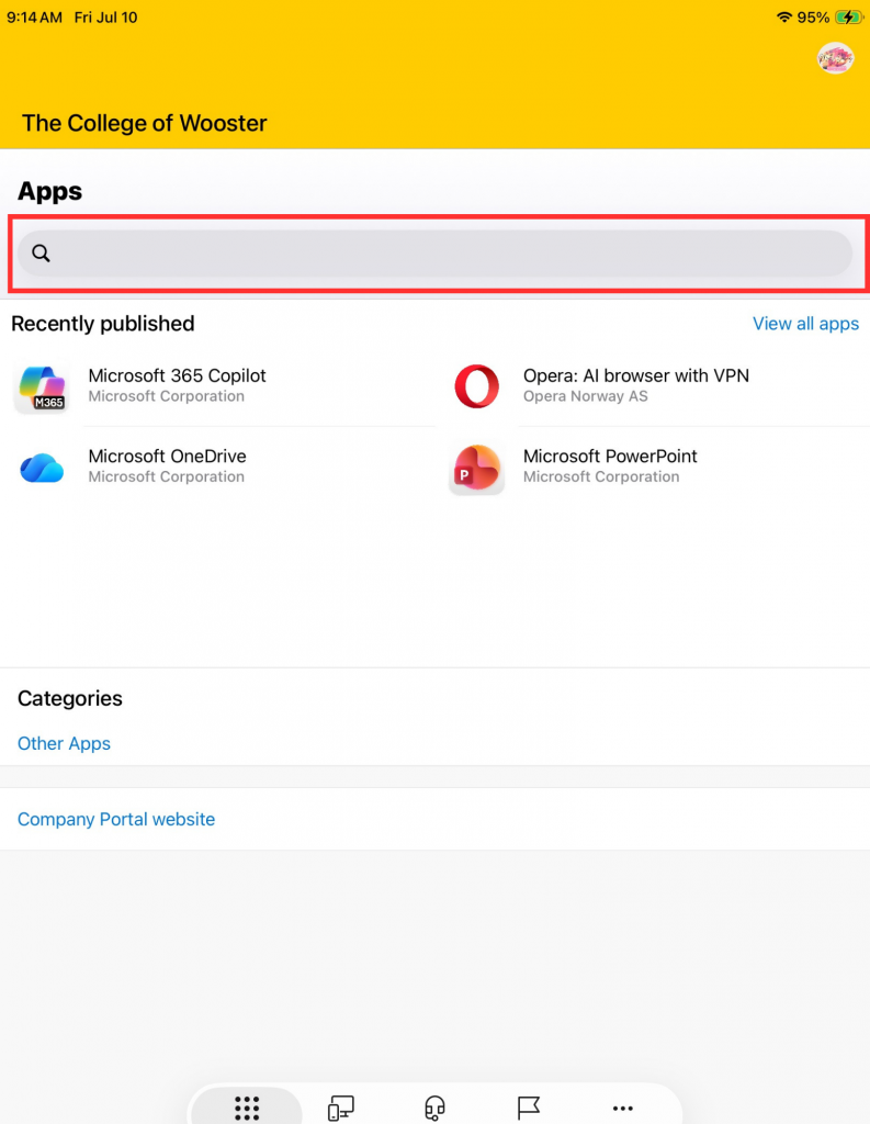 Company Portal home screen with search bar circled in red.