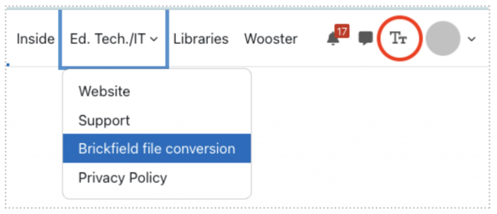 Moodle navigation menu highlighting Brickfield File Conversion and the accessibility icon.