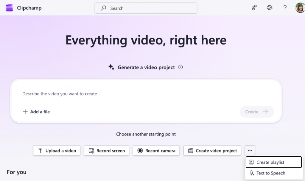 Clipchamp homepage with options to generate a video with AI, upload, record screen, or create video project
